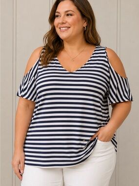 Michael Kors Blue & White Striped Cold Shoulder Top with gold accents